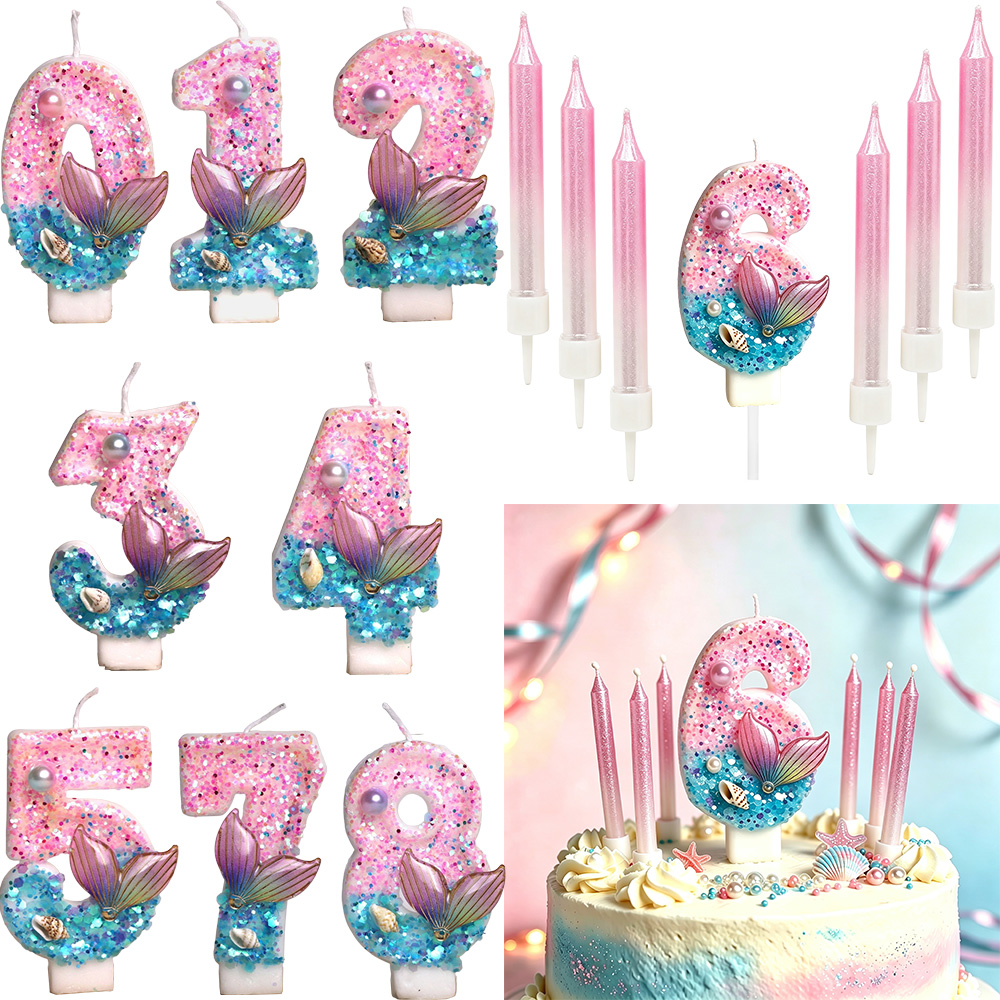 Holiday Candle Set - 6/7pcs Mermaid Tail Glitter Birthday Number