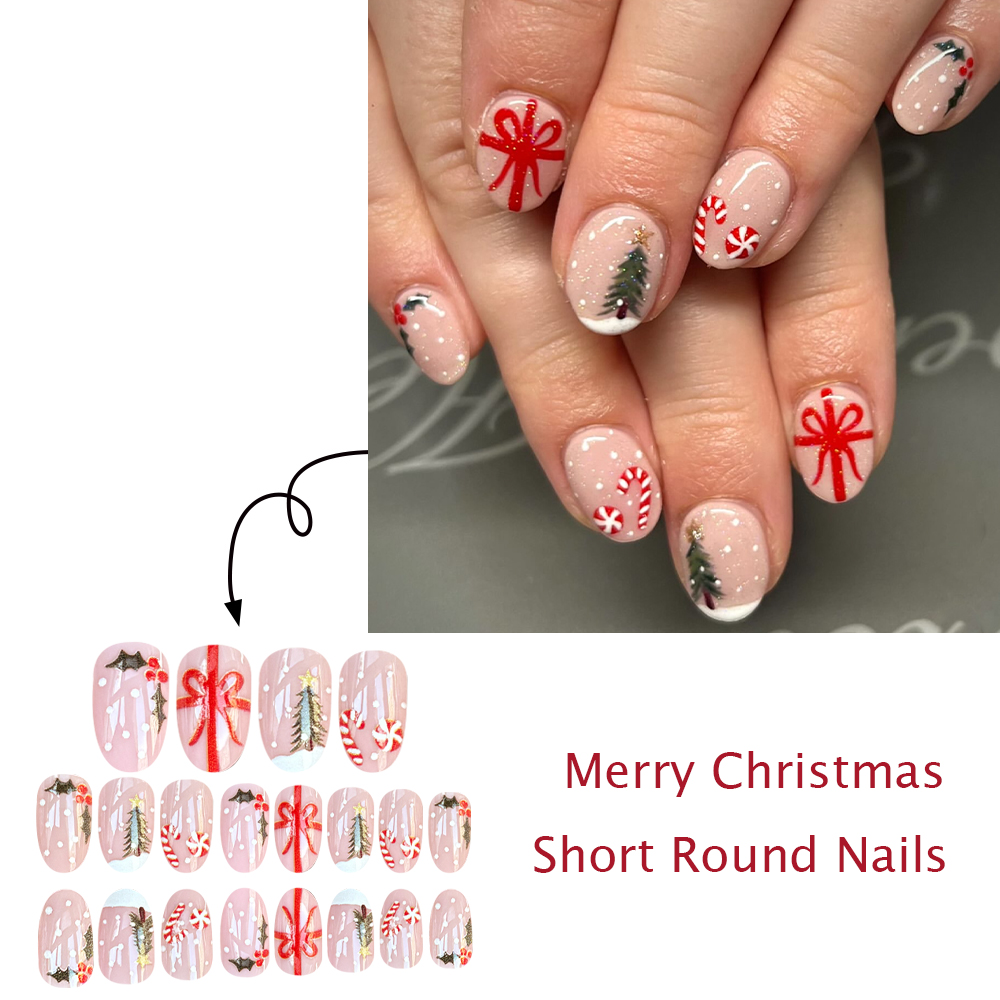 Short Round Press On Nails Chr - Christmas Tree Artificial ulasan dan harga